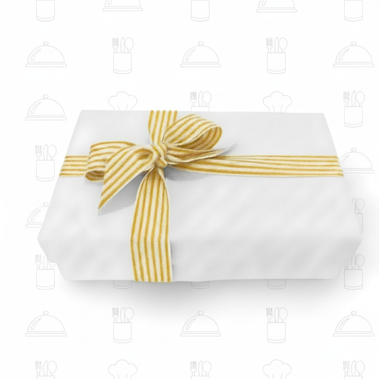 Bright white gift box with gold striped ribbon and dinner party icons on pure white background