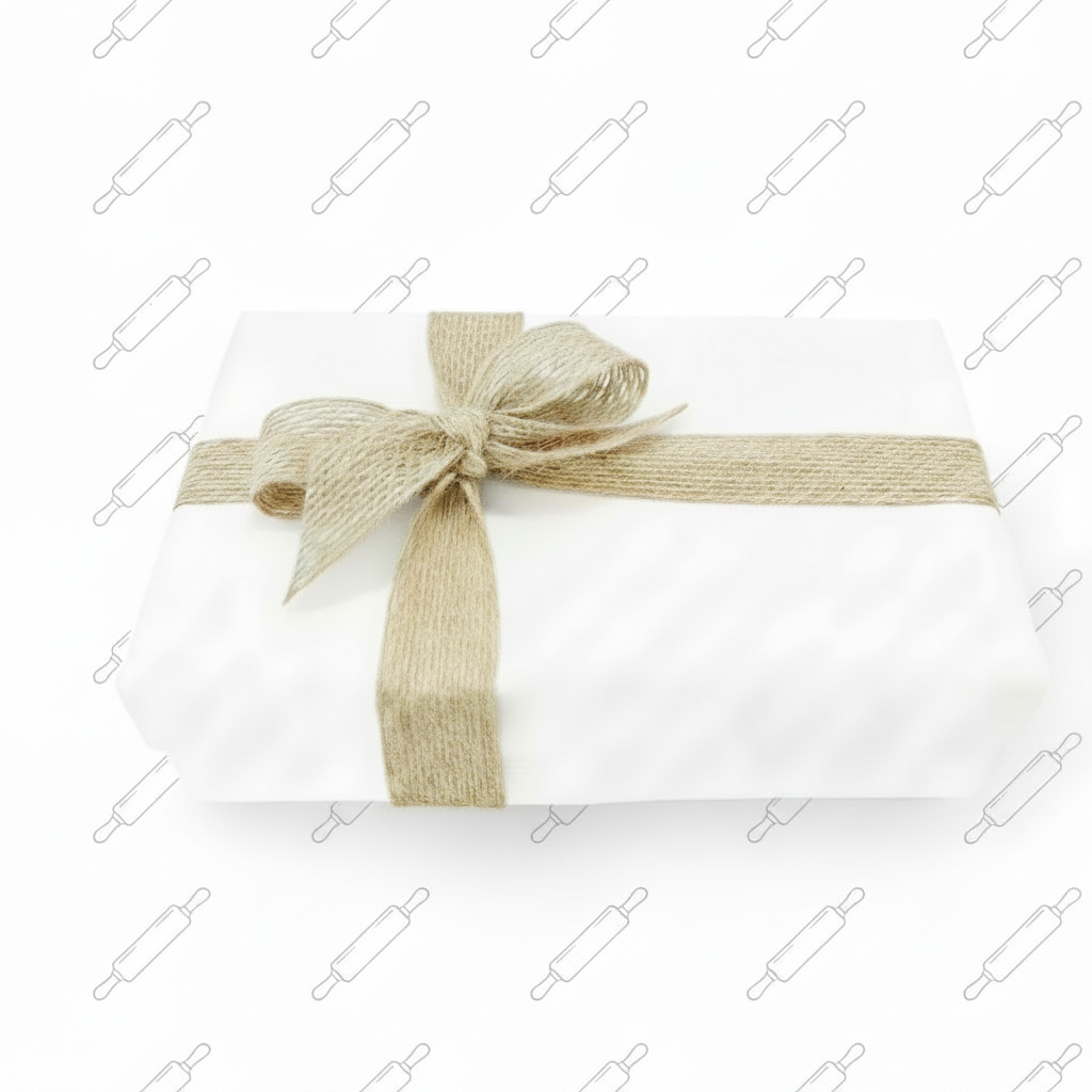 Bright white gift box with jute ribbon and medium-light hollow rolling pin outlines
