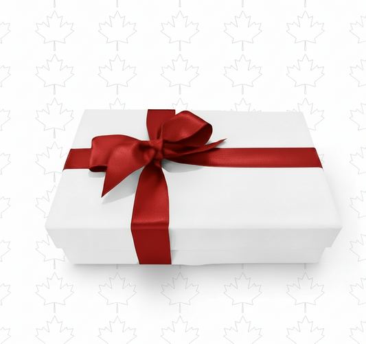 Canadian Maple Box - Red Ribbon on Maple Leaf Background