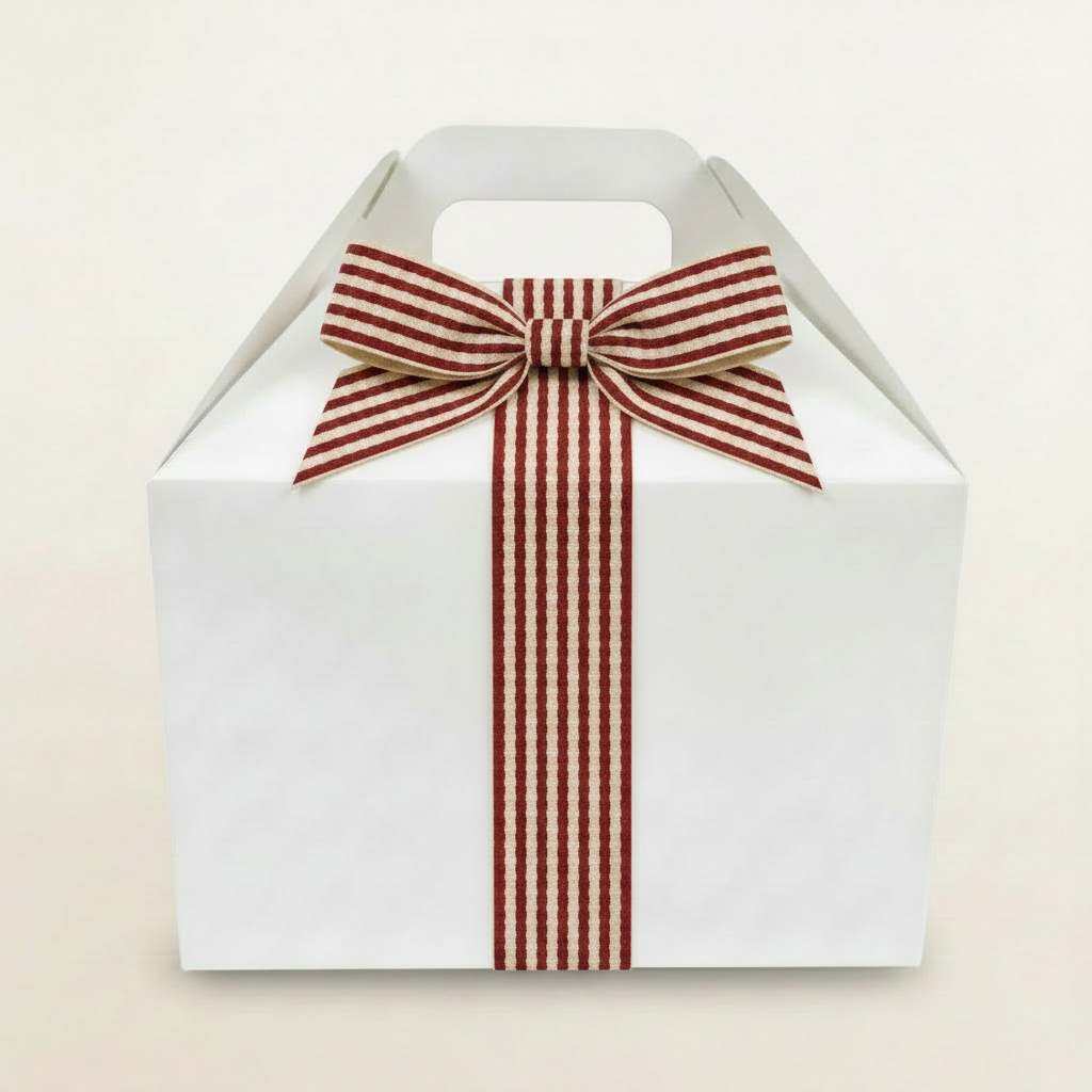 Gable box with smooth flat red and natural striped ribbon