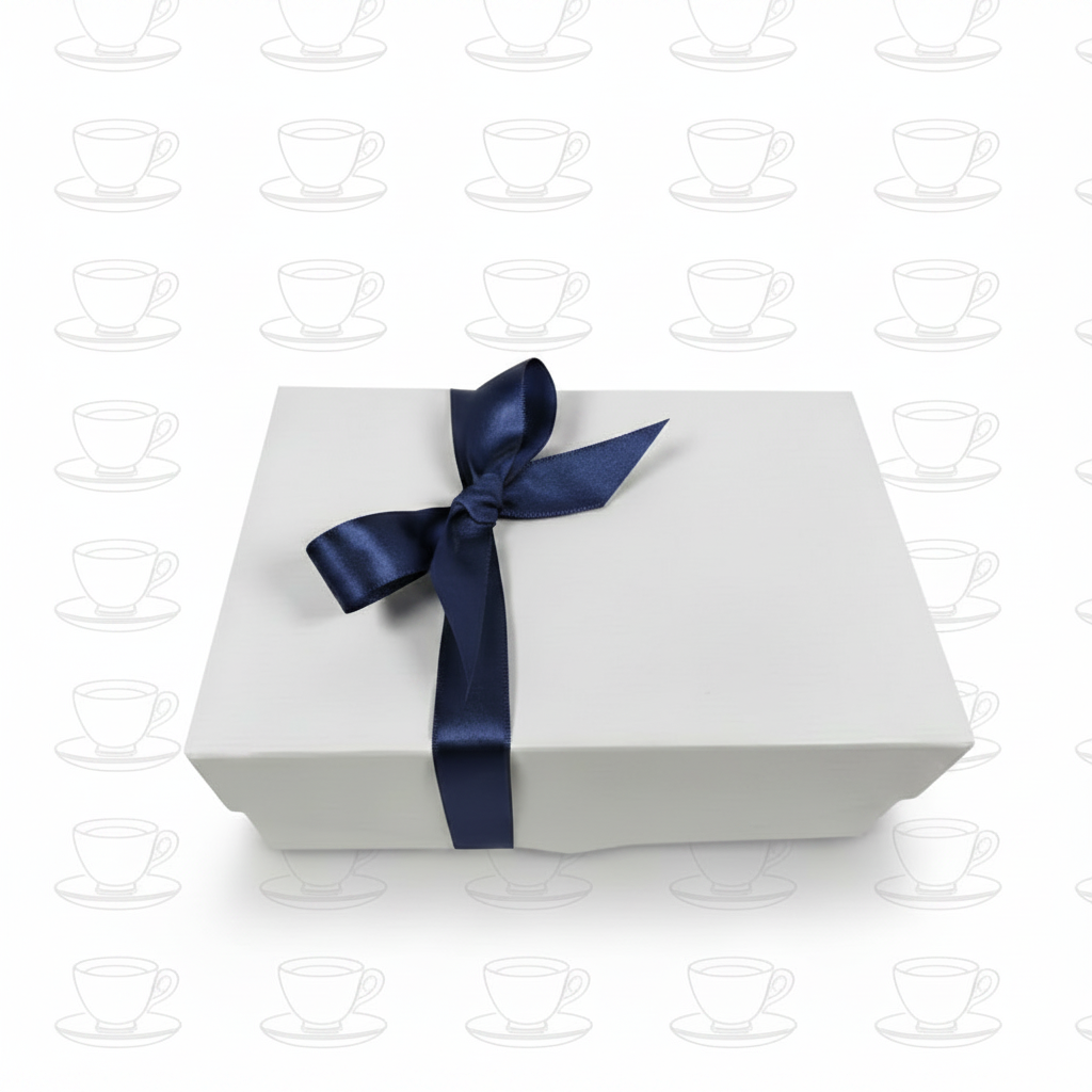 Gift box with darker teacup outlines on white background