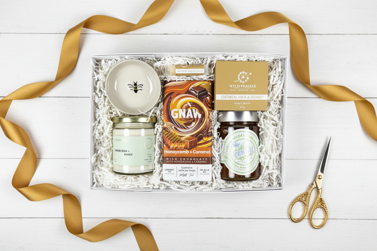 Honey gift box flatlay with clean sharp box