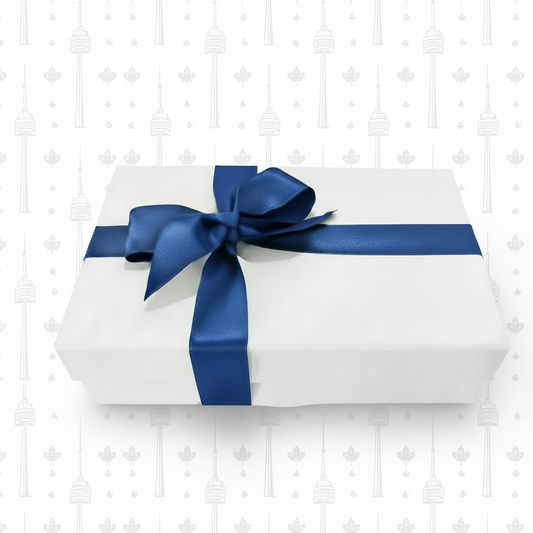 Royal blue ribbon gift box with slightly lighter CN Tower outlines