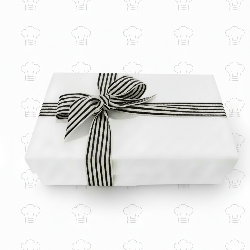 White gift box with black ribbon and chef's hats on pure white background