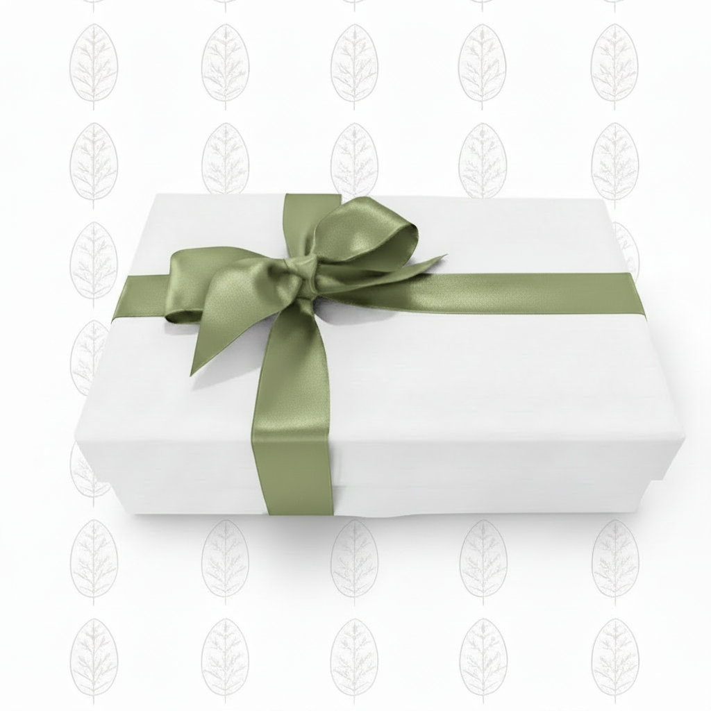 White gift box with dusty sage ribbon on original background