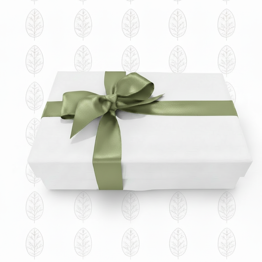 White gift box with dusty sage ribbon on original background