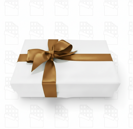 White gift box with golden brown ribbon - bright white background