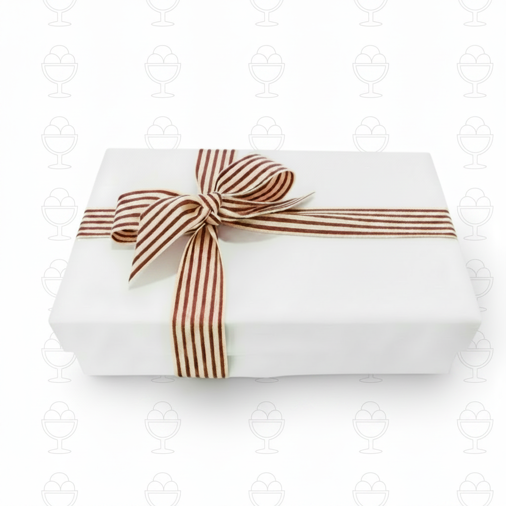 White gift box with striped ribbon and clean sundae outlines